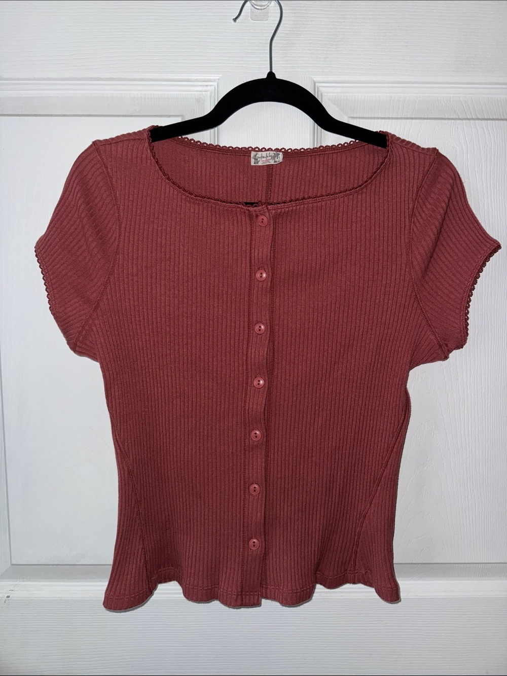 Free People Ribbed Button-Front Top in Mauve